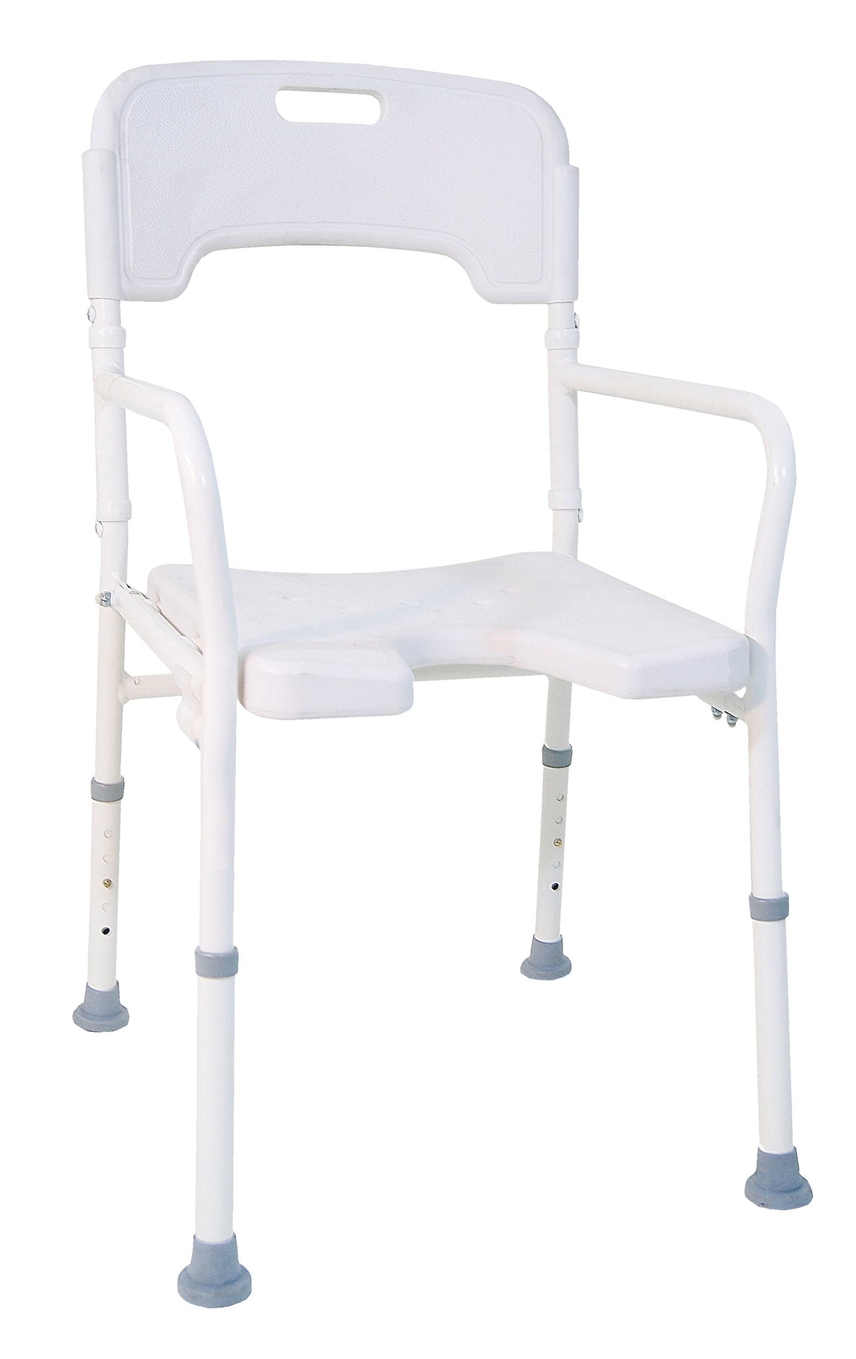 Duschstuhl DSF 130 von Drive Medical mit Armlehnen, Rückenlehne und rutschfester Sitzfläche mit Hygieneaussparung – höhenverstellbar und standfest durch Gummifüße.