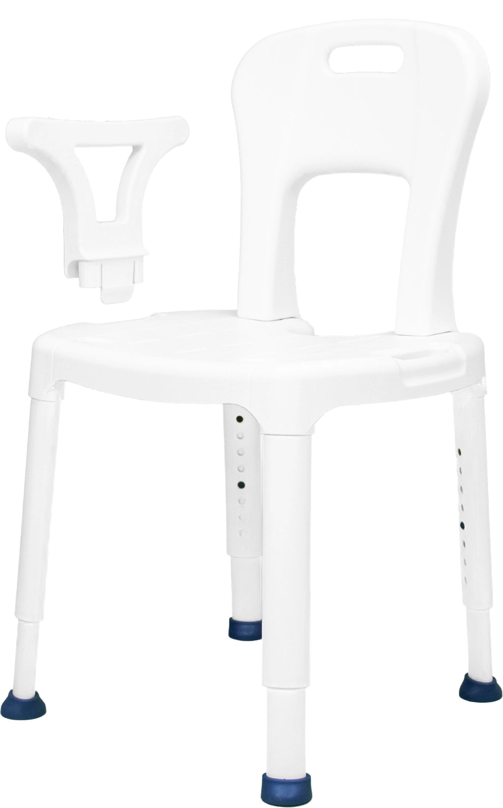 Modularer Duschstuhl AiO von Drive Medical mit abnehmbarer Armlehne, weißes Design mit blauen Gummifüßen, Fokus auf Flexibilität des Stecksystems