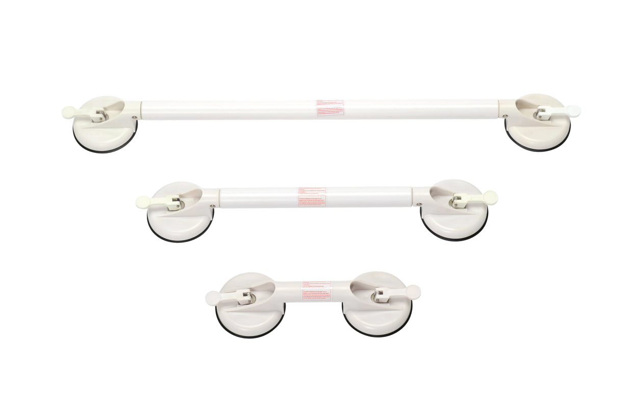Drei Längenvarianten des mobilen Haltegriffs Solido von Drive Medical mit Saugnapf-Befestigung – 32,5 cm, 58 cm und 88 cm im Größenvergleich.