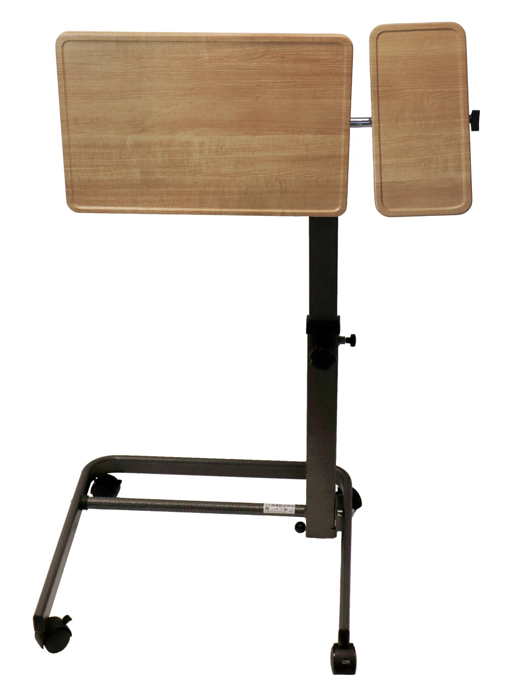 Pflege- und Beistelltisch SuppliTo twinTop in Holzoptik mit zwei Tischplatten – neigbare Hauptplatte und feste Seitenplatte, mobil auf vier Rollen.