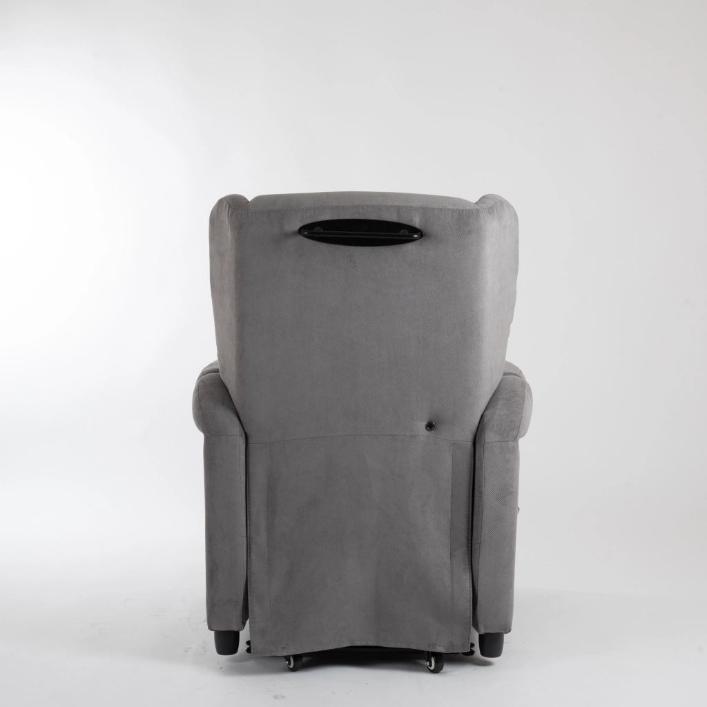 "Rückansicht des Lift-Relaxsessels Chanel von egoista in Grau mit integriertem Schiebegriff, gepolsterter Rückenlehne und stabilem Gestell – ideal für einfaches Umpositionieren und flexible Nutzung als Pflegesessel.