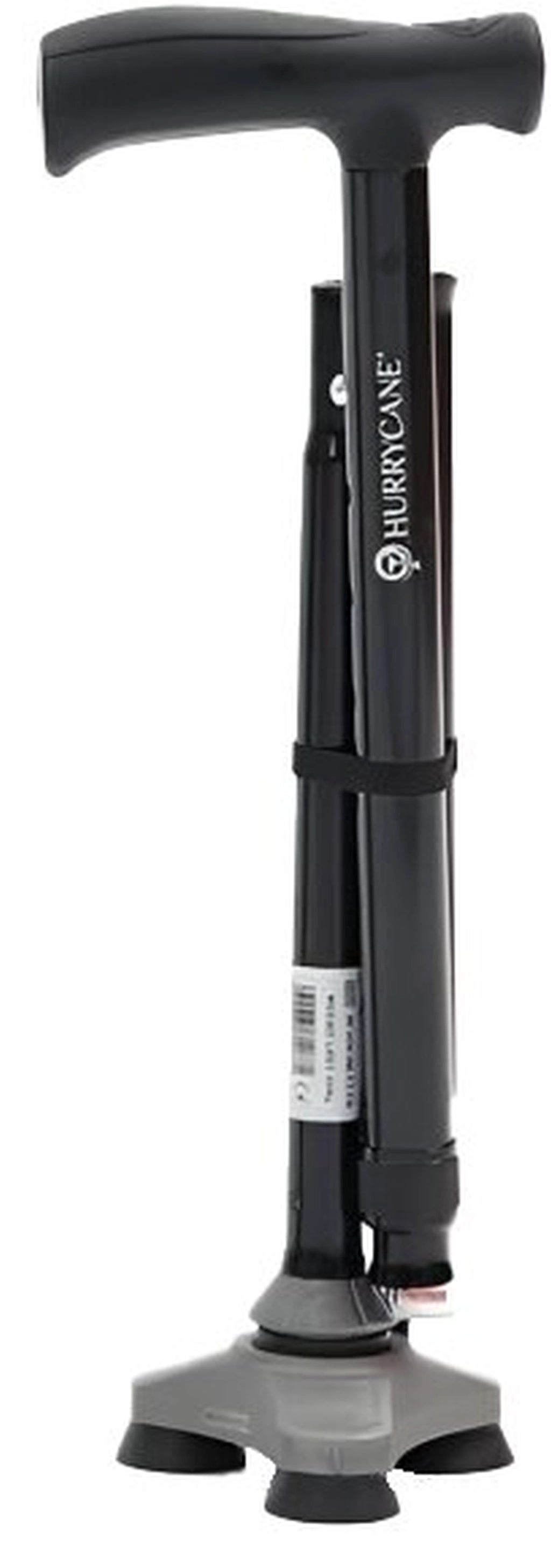 Faltbarer Gehstock Hurrycane in Schwarz mit ergonomischem Griff und rutschfestem Gummifuß, zusammengefaltet stehend.