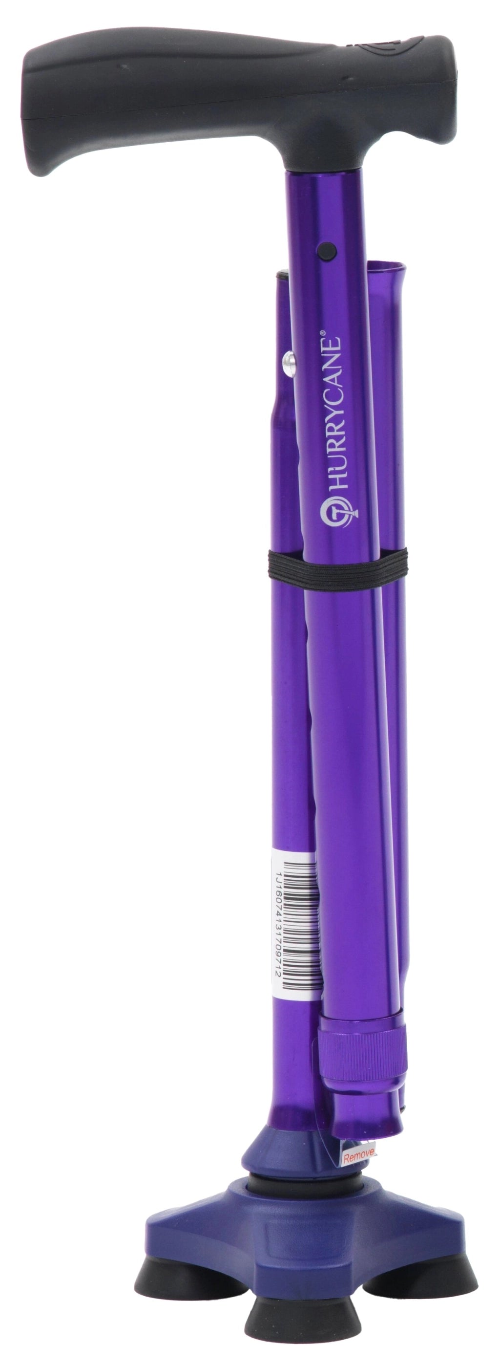 Lila Gehstock Hurrycane von Drive Medical im zusammengefalteten Zustand mit ergonomischem Griff und rutschfestem Gummifuß.