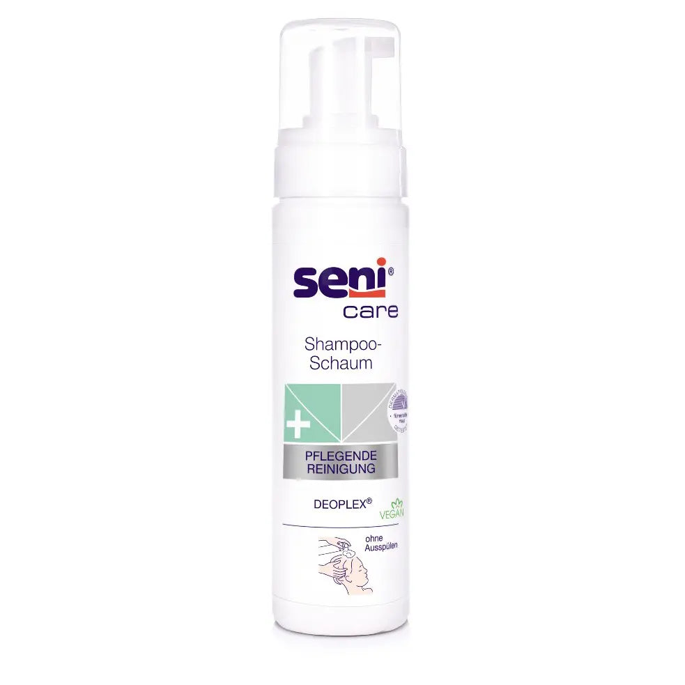 Seni Care Shampoo-Schaum für sanfte Reinigung, speziell entwickelt für die Pflege von Senioren, vegan und ohne Ausspülen.