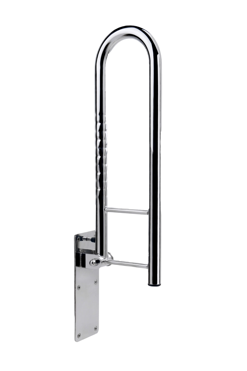 Schwenkstützgriff mit Fallsicherung aus Edelstahl, hochgeklappt – zur seitlichen Montage neben dem WC, Modell mit ergonomischen Griffmulden.