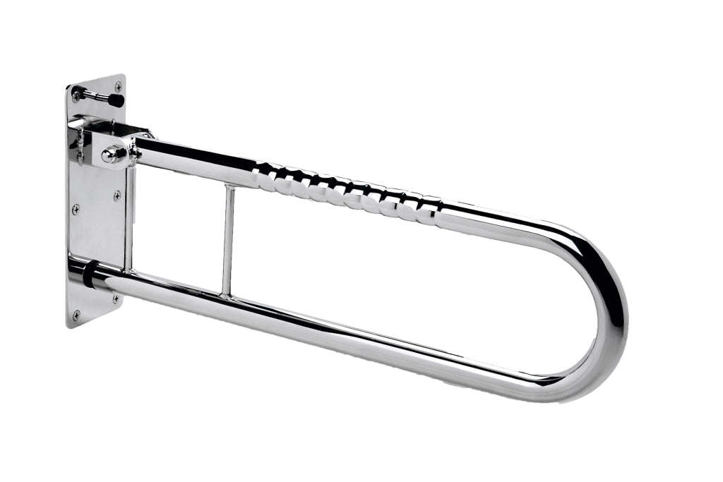 Schwenkstützgriff aus Edelstahl mit Fallsicherung, ausgeklappt – stabiler Haltegriff für sicheres Aufstehen am WC oder im Bad.