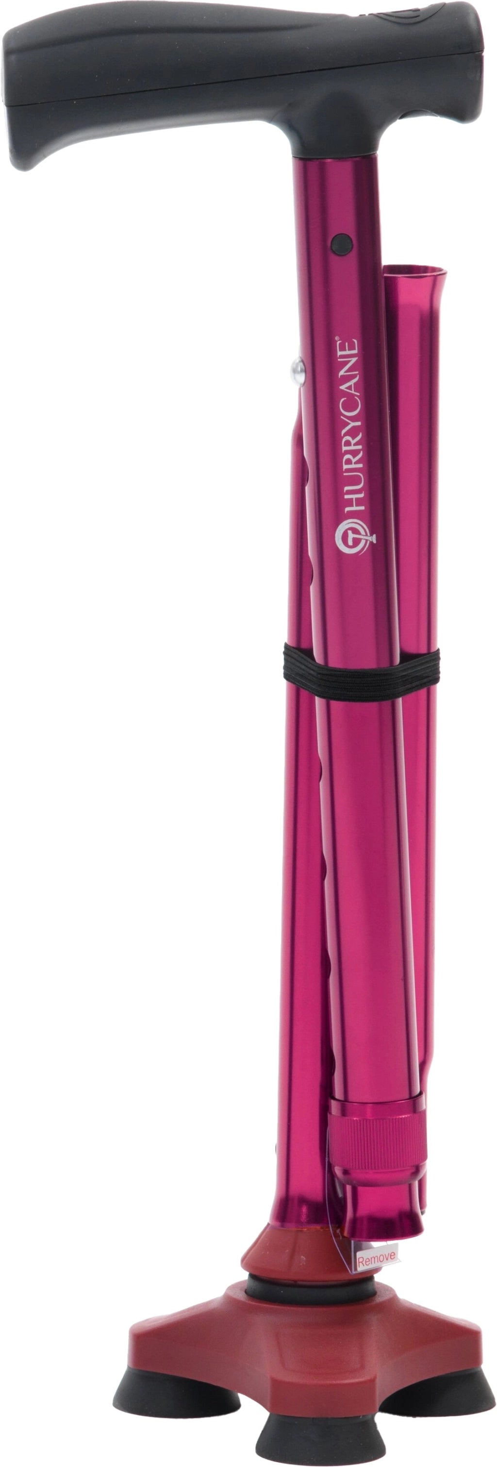 Zusammengefalteter roter Gehstock Hurrycane von Drive Medical mit ergonomischem Griff und rutschsicherem Standfuß – kompakt und standsicher.