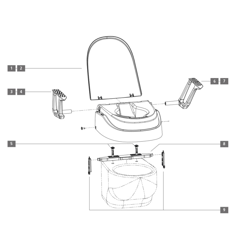 Explosionszeichnung der Toilettensitzerhöhung SmartFix B-Protect von Dietz mit nummerierten Bauteilen, inklusive Deckel, Armlehnen, Sitzmodul und Befestigungssystem.