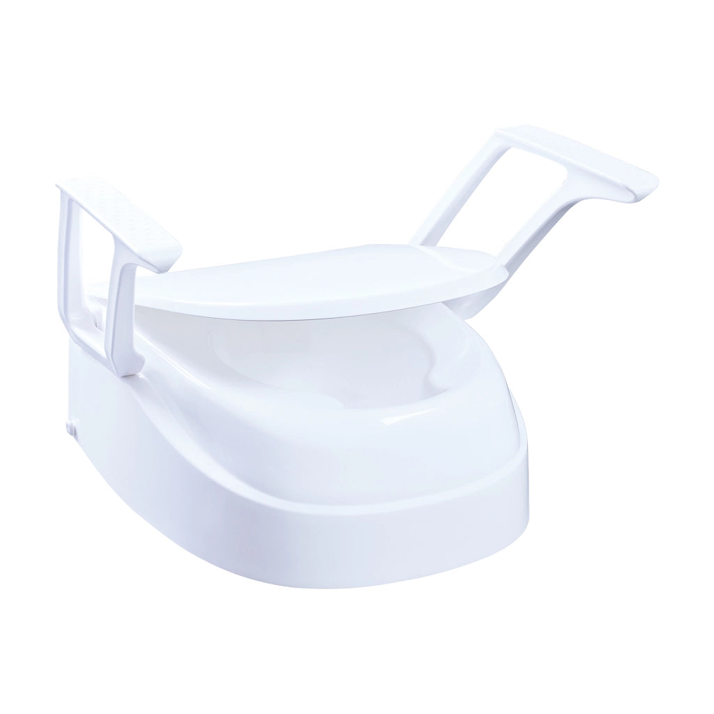 Toilettensitzerhöhung SmartFix B-Protect von Dietz mit hochklappbaren Armlehnen und Deckel in weißer Ausführung – hygienisch, stabil und ergonomisch geformt.