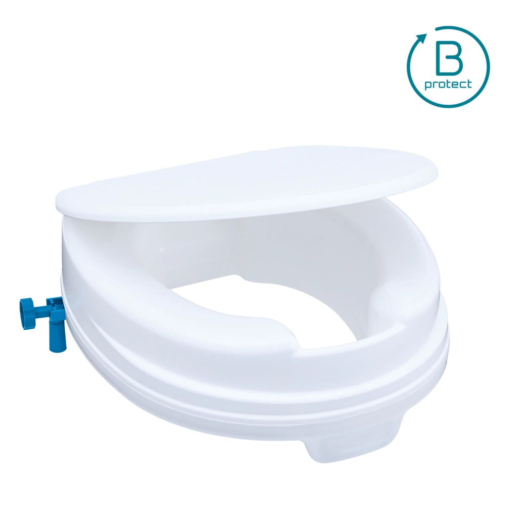 Toilettensitzerhöhung Relaxon B-Protect von Dietz mit Deckel, seitlicher Fixierung und antibakteriellem B-Protect-Logo – weiße Ausführung für maximale Hygiene.