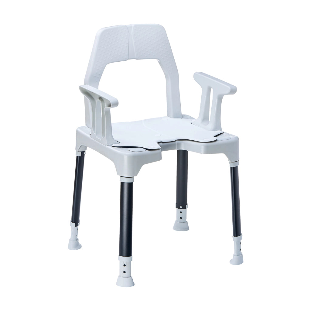 Duschstuhl TAYO B-Protect von Dietz mit Rückenlehne, ergonomischen Armlehnen und höhenverstellbaren Beinen – rutschfeste Sitzfläche in lichtgrau-schwarzer Ausführung.
