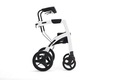 Rollz Motion 2.1 Rollator in Pebble White, rechte Seitenansicht mit ergonomischem Griffsystem.