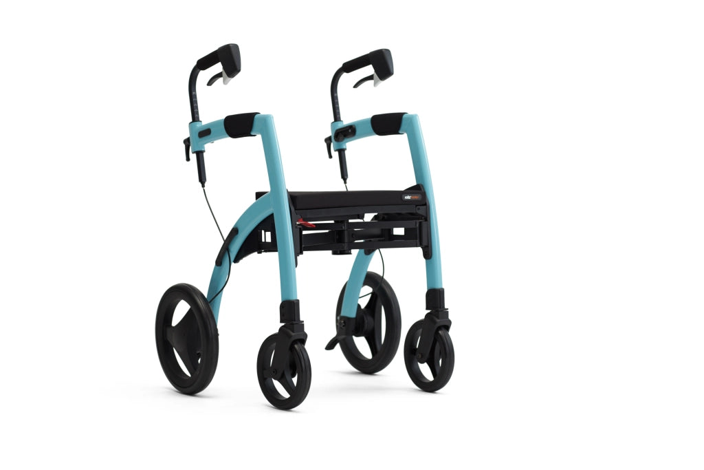 Rollz Motion 2.1 Rollator in Island Blue, rechte Seitenansicht mit leicht angewinkelter Perspektive.