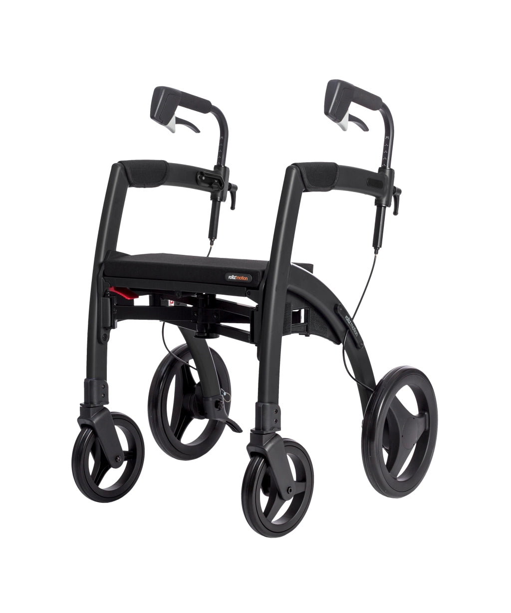 Rollz Motion 2.1 Rollator in Matt Black, linke Seitenansicht mit montiertem Sitzmodul.