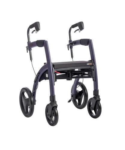 Rollz Motion 2.1 Rollator in Dark Purple, leicht schräge Vorderansicht mit ergonomischen Schiebegriffen.