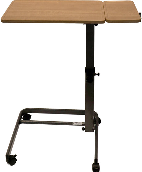 Pflege- und Beistelltisch SuppliTo twinTop in Holzoptik mit zwei Tischplatten – neigbare Hauptplatte und feste Seitenplatte, höhenverstellbar, mobil auf vier Rollen.