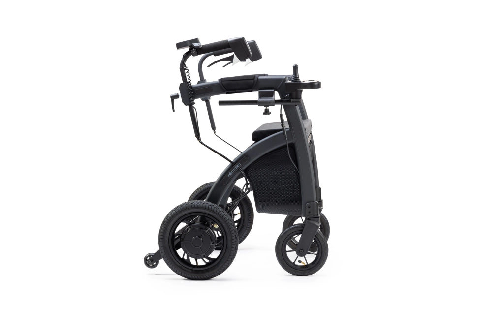 Seitenansicht des Rollz Motion Electric in zusammengeklappter Form. Der faltbare 3-in-1-Rollator und Elektrorollstuhl bietet eine kompakte Bauweise für einfachen Transport und platzsparende Aufbewahrung.