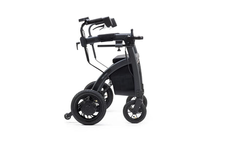 Seitenansicht des Rollz Motion Electric in zusammengeklappter Form. Der faltbare 3-in-1-Rollator und Elektrorollstuhl bietet eine kompakte Bauweise für einfachen Transport und platzsparende Aufbewahrung.