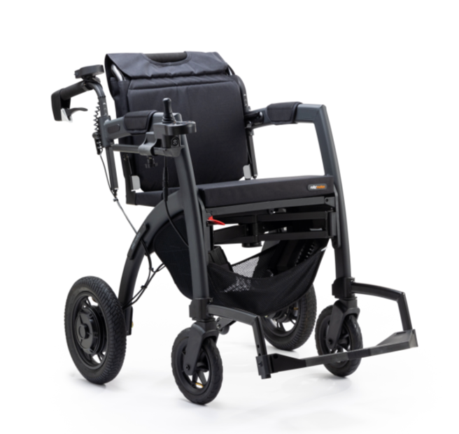 Rollz Motion Electric – moderner 3-in-1-Rollator und Elektrorollstuhl in Schwarz. Das Bild zeigt das faltbare Design mit ergonomischem Sitz, stabilen Rädern und einer intuitiven Steuerung für maximale Mobilität und Komfort.