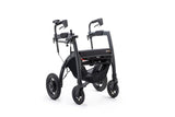 Rollz Motion Electric in der Rollator-Konfiguration, in stilvollem Schwarz. Der faltbare 3-in-1-Mobilitätshelfer kombiniert die Funktionen eines Rollators, Transportrollstuhls und Elektrorollstuhls. Ergonomisches Design mit stabilen Rädern und höhenverstellbaren Griffen.