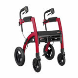 Rollz Motion Performance in Rollator-Konfiguration mit rotem Rahmen, Rückansicht mit höhenverstellbaren Schiebegriffen und schwarzem Sitz.