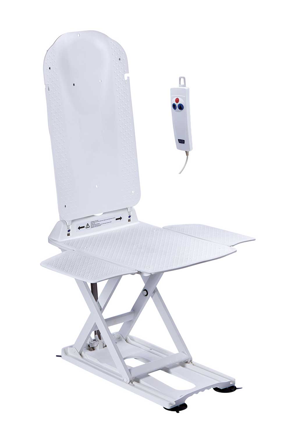 Badewannenlift mit ergonomischer Rückenlehne, rutschsicherer Sitzfläche und ausklappbaren Seitenflügeln in Weiß. Die robuste Hubscheren-Konstruktion sorgt für Stabilität und sicheren Halt in der Badewanne. Das dazugehörige Handbedienteil mit intuitiven Tasten und Aufhängeöse ermöglicht eine einfache Steuerung des Lifts. Ideal für Personen mit eingeschränkter Mobilität zur sicheren und komfortablen Nutzung der Badewanne.