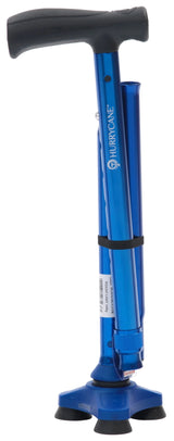 Zusammengefalteter Gehstock Hurrycane in Blau mit ergonomischem Griff und rutschfestem, dreifüßigem Standfuß – kompakt, stabil und farbenfroh.