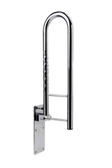 Schwenkstützgriff mit Fallsicherung aus Edelstahl, hochgeklappt – zur seitlichen Montage neben dem WC, Modell mit ergonomischen Griffmulden.