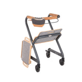 SALJOL Wohnraumrollator WR 2025 in Velvet Grey mit verstautem Tablett an der Seite, Sitzbrett mit Filzauflage und Kork-Handgriffen – freigestellte Rückansicht