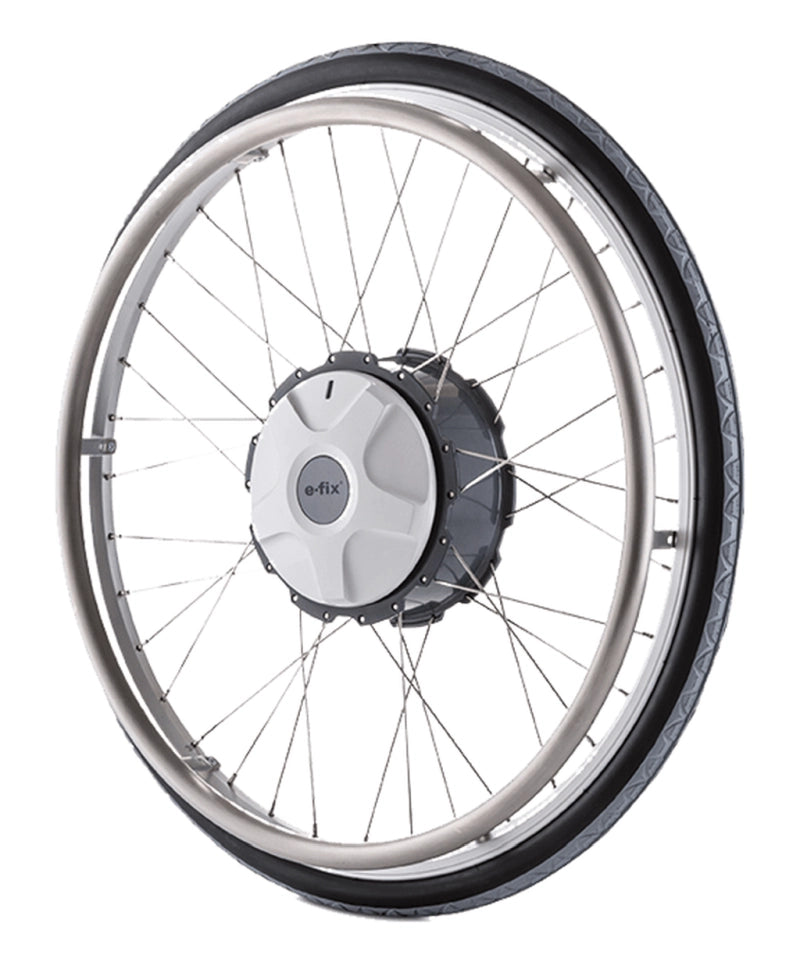 Antriebsrad des Alber e-fix E35 mit integriertem Elektromotor – freigestellte Detailansicht des elektrischen Zusatzantriebs für Rollstühle
