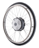 Antriebsrad des Alber e-fix E35 mit integriertem Elektromotor – freigestellte Detailansicht des elektrischen Zusatzantriebs für Rollstühle