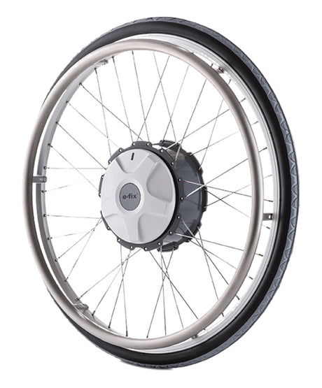 Antriebsrad des Alber e-fix E35 mit integriertem Elektromotor – freigestellte Detailansicht des elektrischen Zusatzantriebs für Rollstühle
